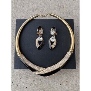 Vintage 1980s Napier Rhinestone Enamel Necklace & Bijoux Design Clip Earring Set